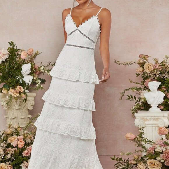 Dresses & Skirts - White Elegant Women's Tiered Ruffle Lace Cami Dress